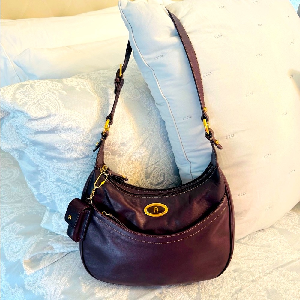 Etienne Aigner Plum Leather Hobo Shoulder Bag with Gold Accents